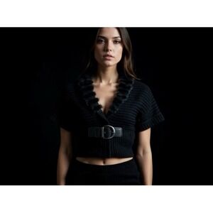 Women's Black Cropped Cardigan Sweater with Fur Trim & Belt  XL whimsygoth, punk